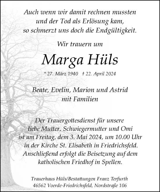 Traueranzeige von Marga Hüls von Rheinische Post