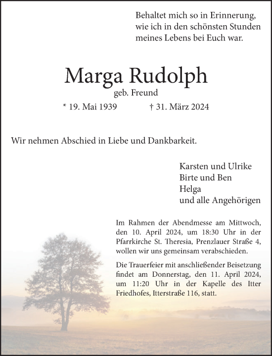 Traueranzeige von Marga Rudolph von Rheinische Post