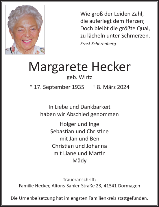 Traueranzeige von Margarete Hecker von Rheinische Post