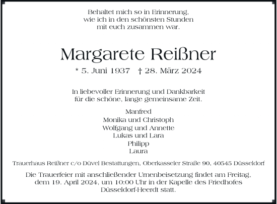 Traueranzeige von Margarete Reißner von Rheinische Post