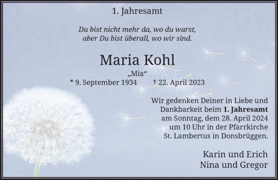 Traueranzeige von Maria Kohl von Rheinische Post