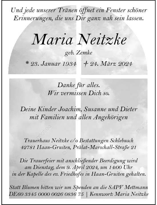 Traueranzeige von Maria Neitzke von Rheinische Post