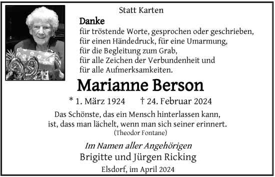 Traueranzeige von Marianne Berson von Rheinische Post