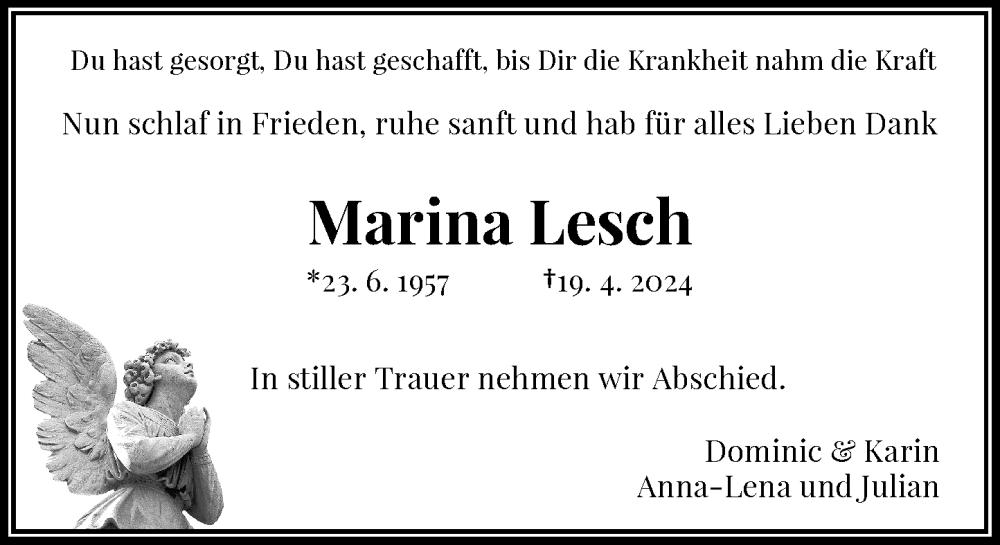  Traueranzeige für Marina Lesch vom 30.04.2024 aus Rheinische Post