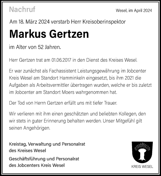 Traueranzeige von Markus Gertzen von Rheinische Post