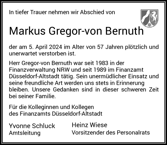 Traueranzeige von Markus Gregor-von Bernuth von Rheinische Post