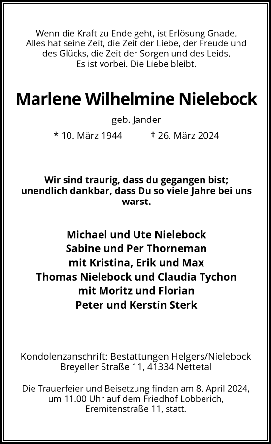 Traueranzeige von Marlene Wilhelmine Nielebock von Rheinische Post