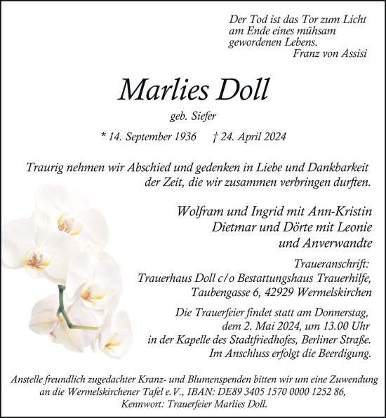 Traueranzeige von Marlies Doll von Rheinische Post