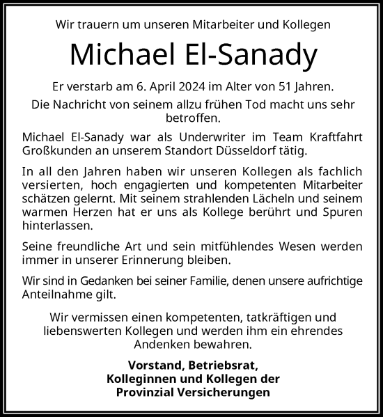Traueranzeige von Michael El-Sanady von Rheinische Post