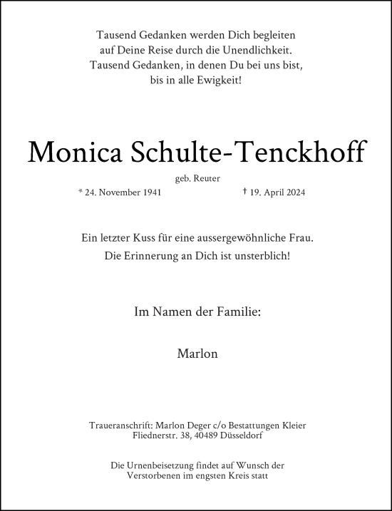 Traueranzeige von Monica Schulte-Tenckhoff von Rheinische Post
