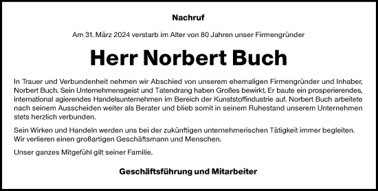 Traueranzeige von Norbert Buch von Rheinische Post