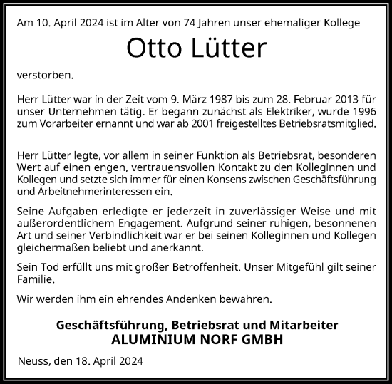 Traueranzeige von Otto Lütter von Rheinische Post