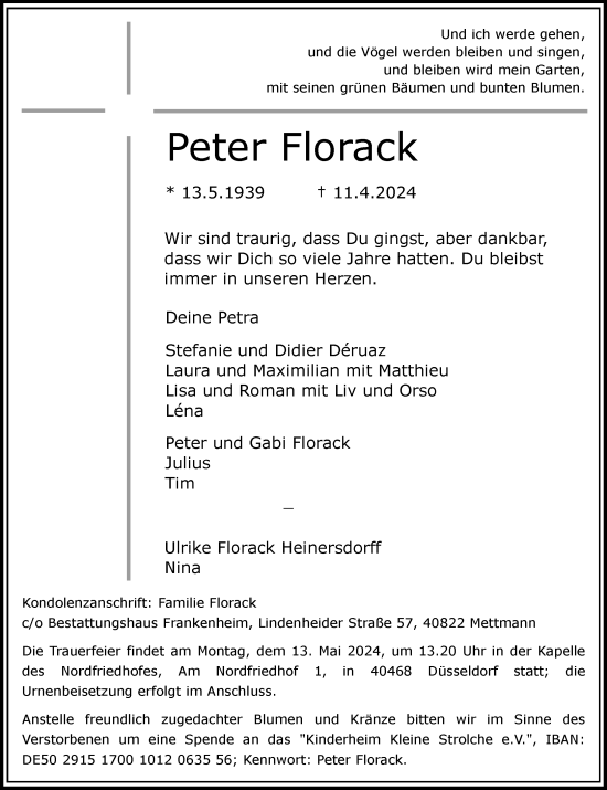 Traueranzeige von Peter Florack von Rheinische Post