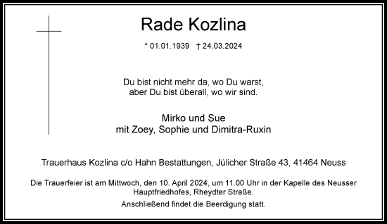 Traueranzeige von Rade Kozlina von Rheinische Post