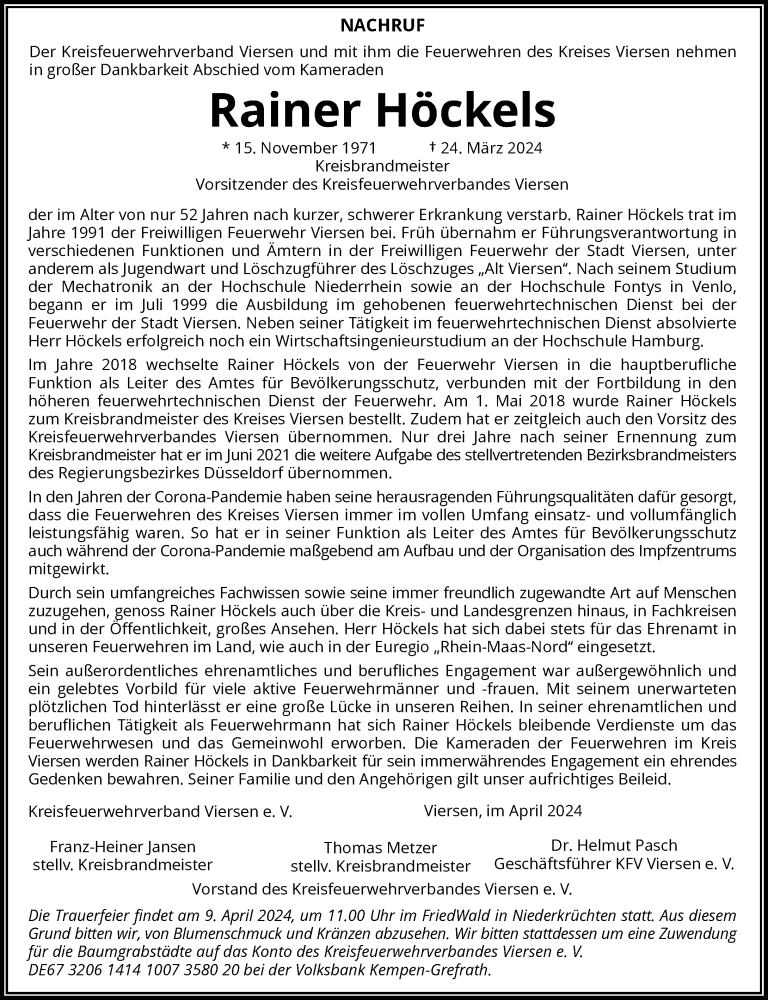  Traueranzeige für Rainer Höckels vom 06.04.2024 aus Rheinische Post