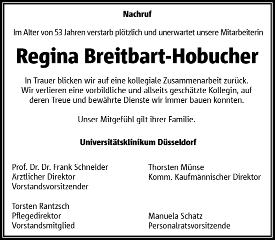Traueranzeige von Regina Breitbart-Hobucher von Rheinische Post