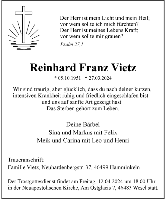 Traueranzeige von Reinhard Franz Vietz von Rheinische Post