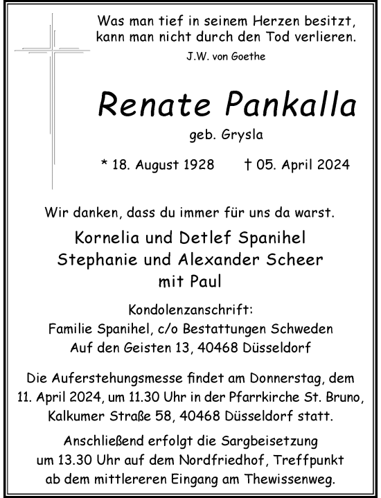 Traueranzeige von Renate Pankalla von Rheinische Post