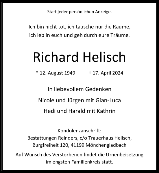 Traueranzeige von Richard Helisch von Rheinische Post