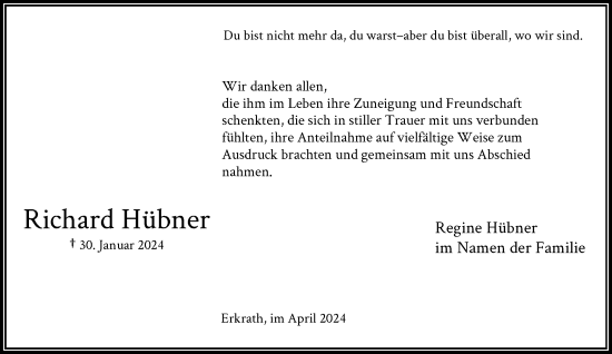 Traueranzeige von Richard Hübner von Rheinische Post