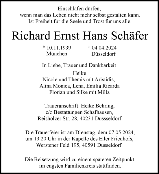 Traueranzeige von Richard Ernst Hans Schäfer von Rheinische Post