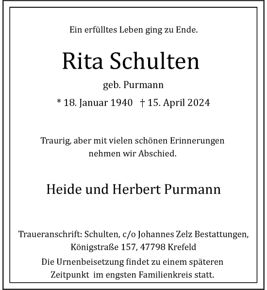 Traueranzeige von Rita Schulten von Rheinische Post