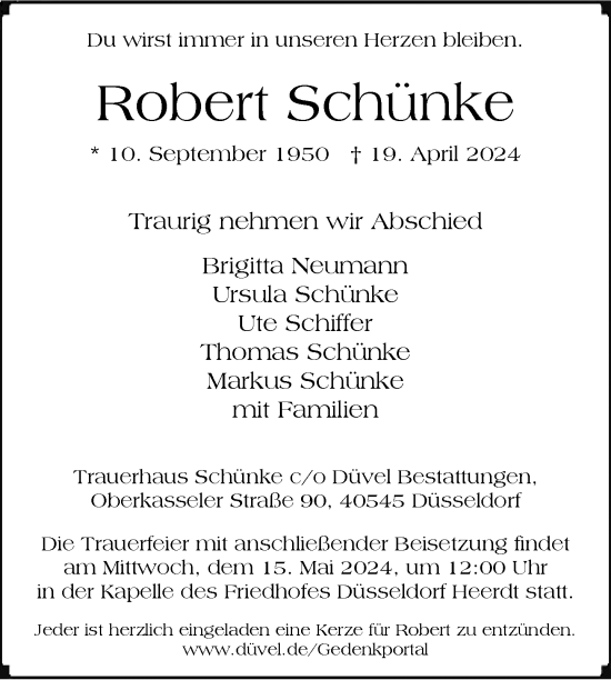 Traueranzeige von Robert Schünke von Rheinische Post