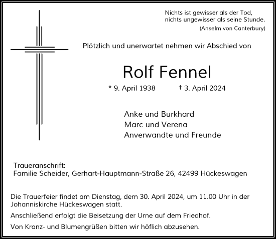 Traueranzeige von Rolf Fennel von Rheinische Post