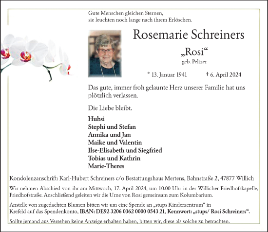 Traueranzeige von Rosemarie Schreiners von Rheinische Post