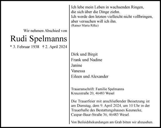 Traueranzeige von Rudi Spelmanns von Rheinische Post