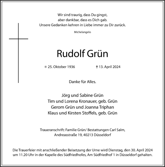 Traueranzeige von Rudolf Grün von Rheinische Post