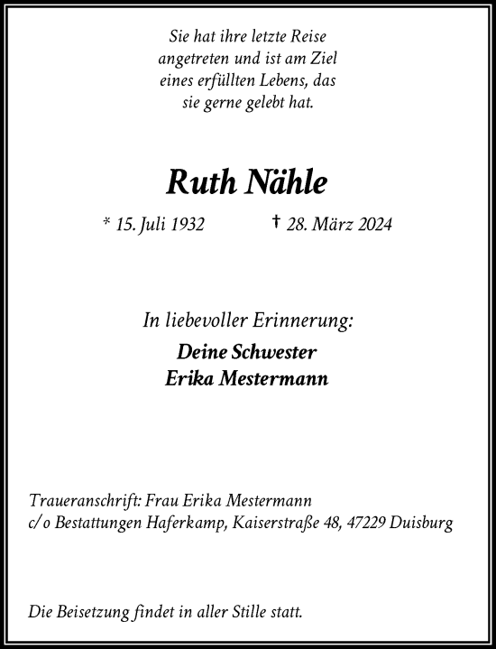 Traueranzeige von Ruth Nähle von Rheinische Post