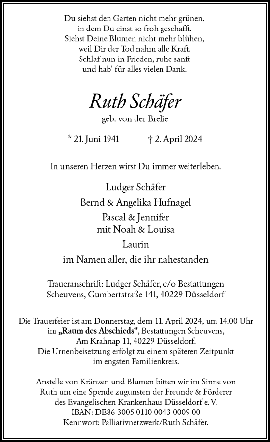 Traueranzeige von Ruth Schäfer von Rheinische Post