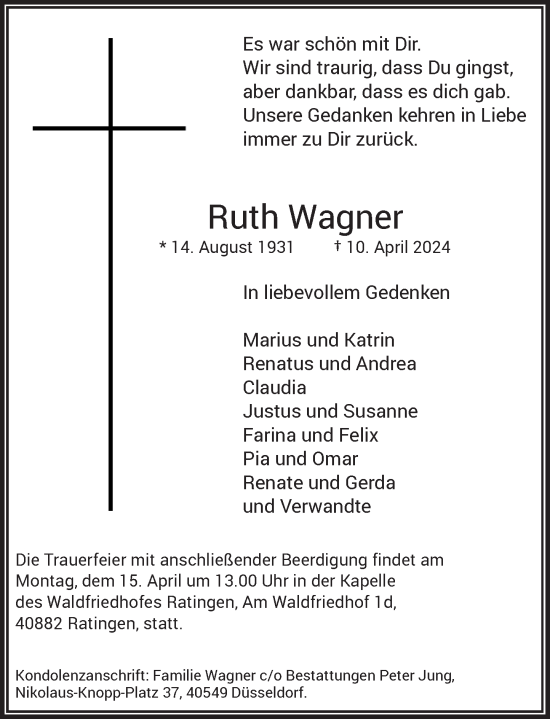 Traueranzeige von Ruth Wagner von Rheinische Post