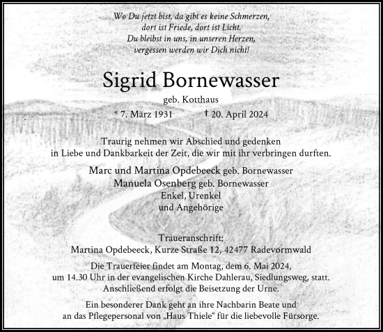 Traueranzeige von Sigrid Bornewasser von Rheinische Post
