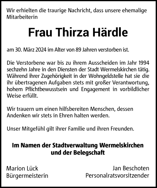 Traueranzeige von Thirza Härdle von Rheinische Post