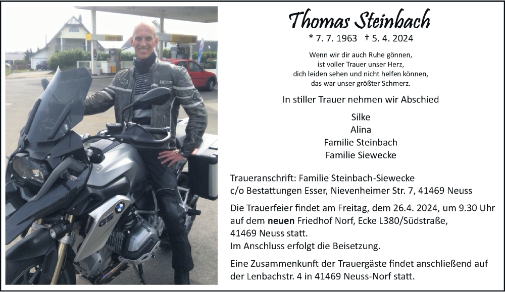  Traueranzeige für Thomas Steinbach vom 20.04.2024 aus Rheinische Post