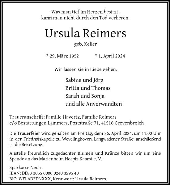 Traueranzeige von Ursula Reimers von Rheinische Post