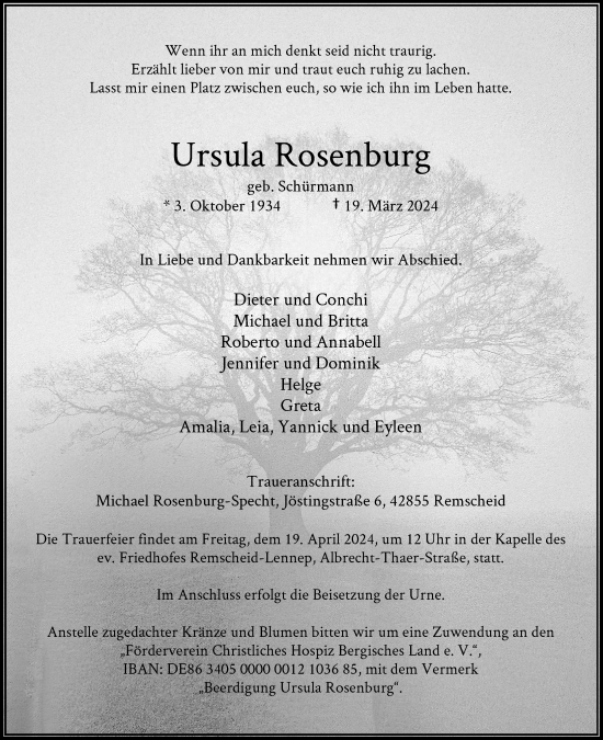 Traueranzeige von Ursula Rosenburg von Rheinische Post