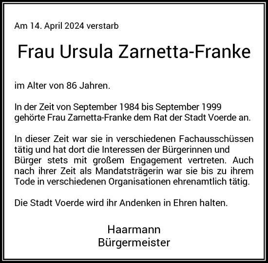 Traueranzeige von Ursula Zarnetta-Franke von Rheinische Post