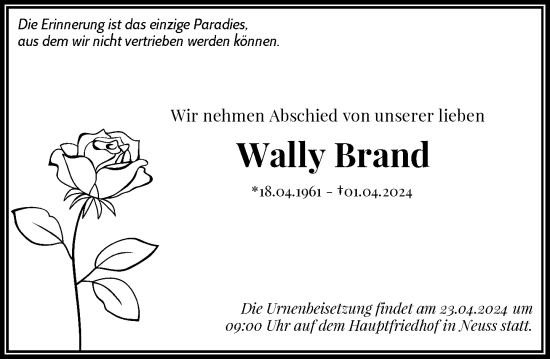Traueranzeige von Wally Brand von Rheinische Post