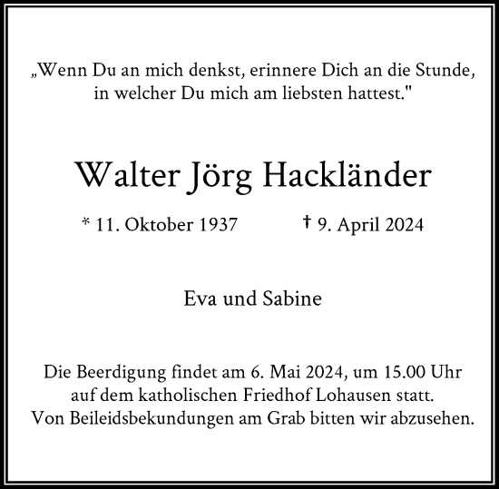 Traueranzeige von Walter Jörg Hackländer von Rheinische Post