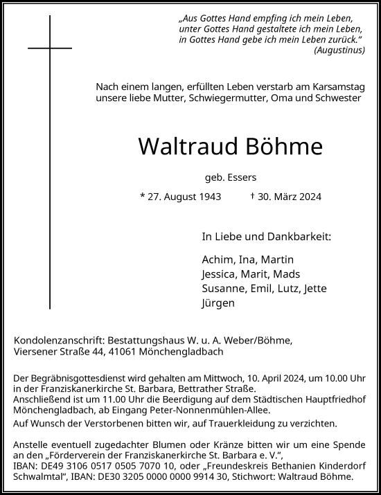 Traueranzeige von Waltraud Böhme von Rheinische Post
