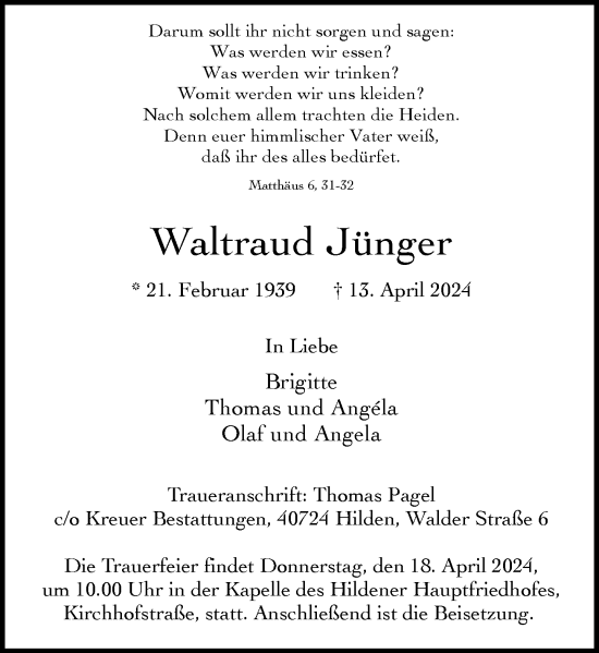 Traueranzeige von Waltraud Jünger von Rheinische Post