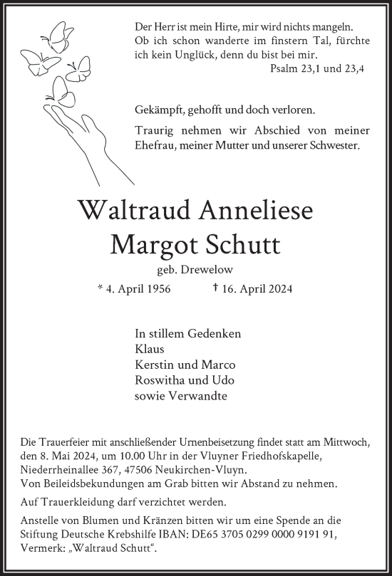 Traueranzeige von Waltraud Anneliese Margot Schutt von Rheinische Post