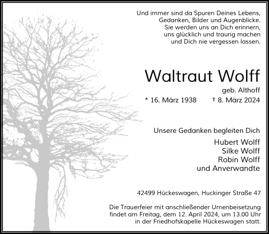 Traueranzeige von Waltraut Wolff von Rheinische Post