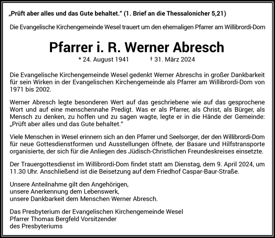 Traueranzeige von Werner Abresch von Rheinische Post