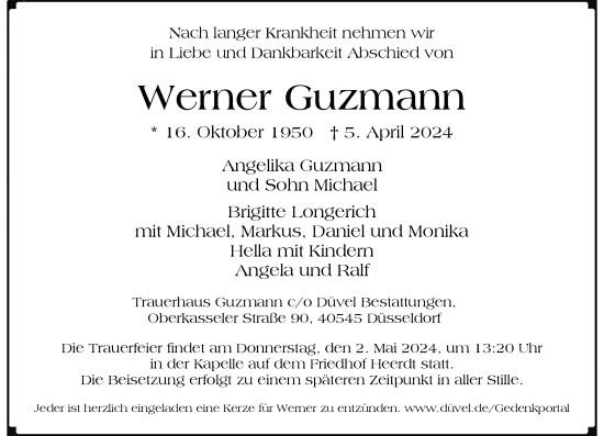 Traueranzeige von Werner Guzmann von Rheinische Post