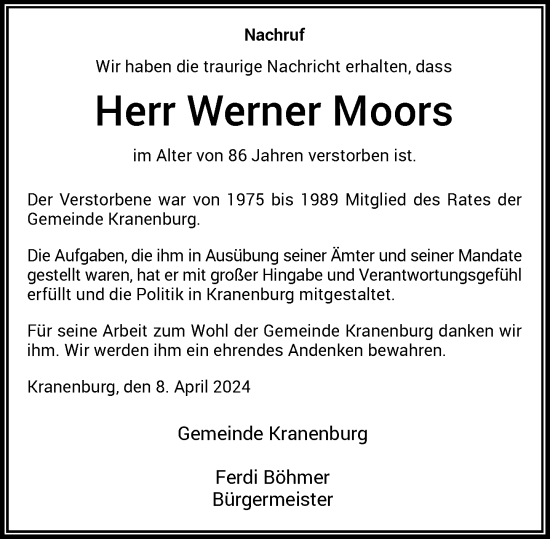 Traueranzeige von Werner Moors von Rheinische Post