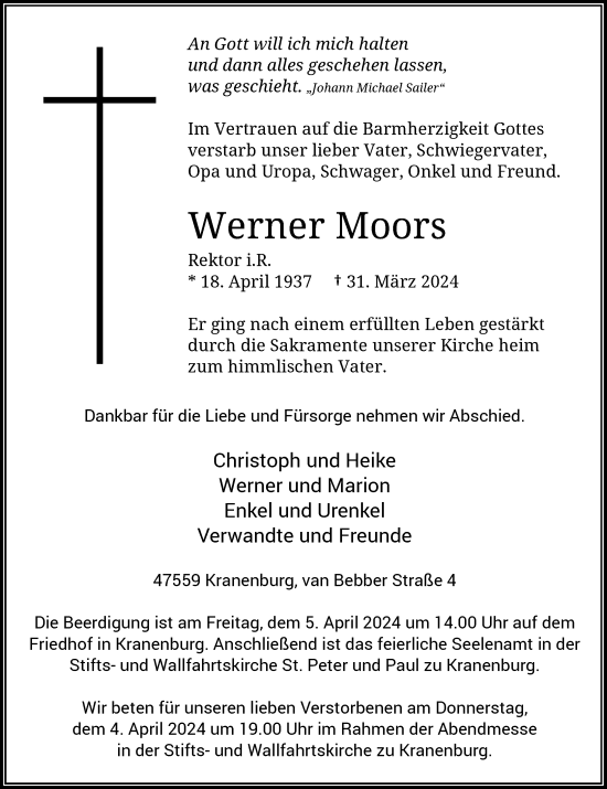 Traueranzeige von Werner Moors von Rheinische Post
